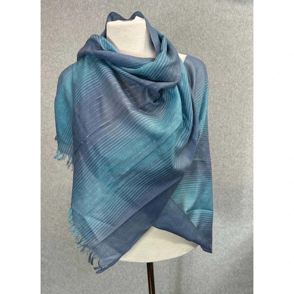 Blue Teal Metallic Silver Stripe Scarf Shawl Fringe 76